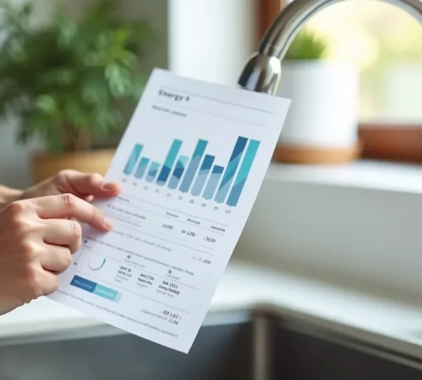 Mains tenant une facture énergétique près de robinets sans calcaire dans une cuisine moderne