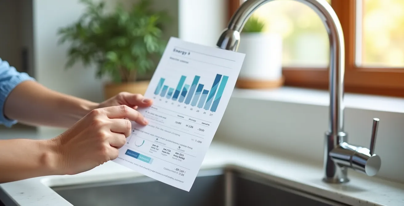 Mains tenant une facture énergétique près de robinets sans calcaire dans une cuisine moderne