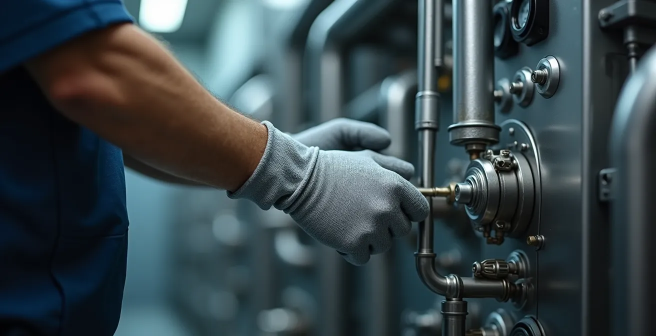 Main gantée d'un technicien manipulant des composants techniques lors d'une maintenance