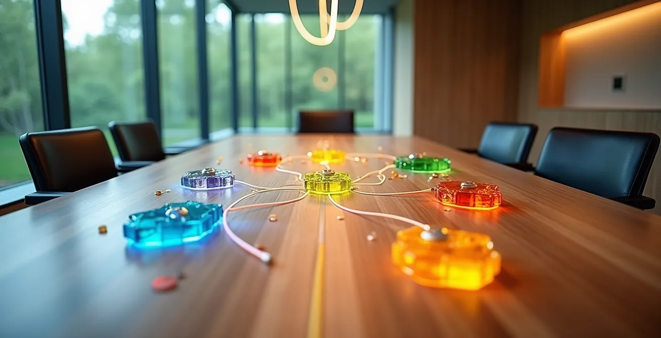 Équipe dirigeante en réunion stratégique avec tableaux d'analyse énergétique