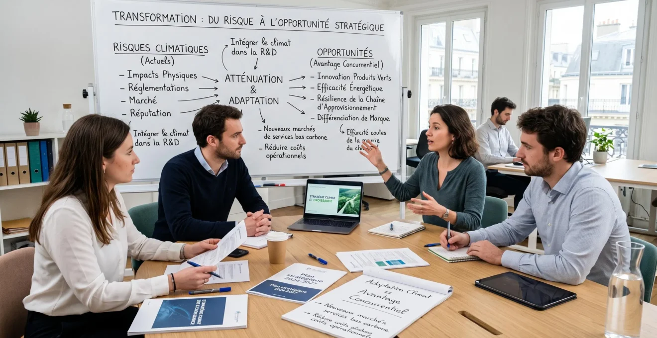 Consultant spécialisé présentant une méthodologie d'adaptation climatique structurée sur tableau interactif dans un bureau d'études moderne