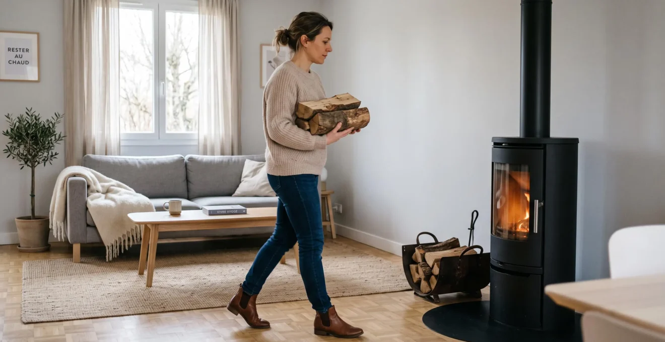 Femme en pull beige portant des bûches de bois sec vers un poêle cylindrique noir dans un salon contemporain avec mobilier moderne et lumière naturelle