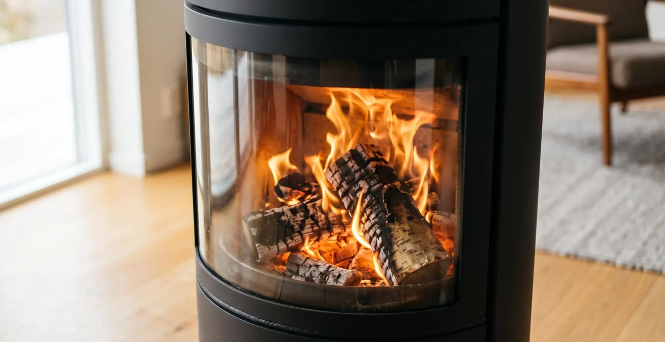 Gros plan sur la vitre courbe d'un poêle à bois rond avec flammes orangées actives, bûches en combustion et reflets lumineux sur le verre