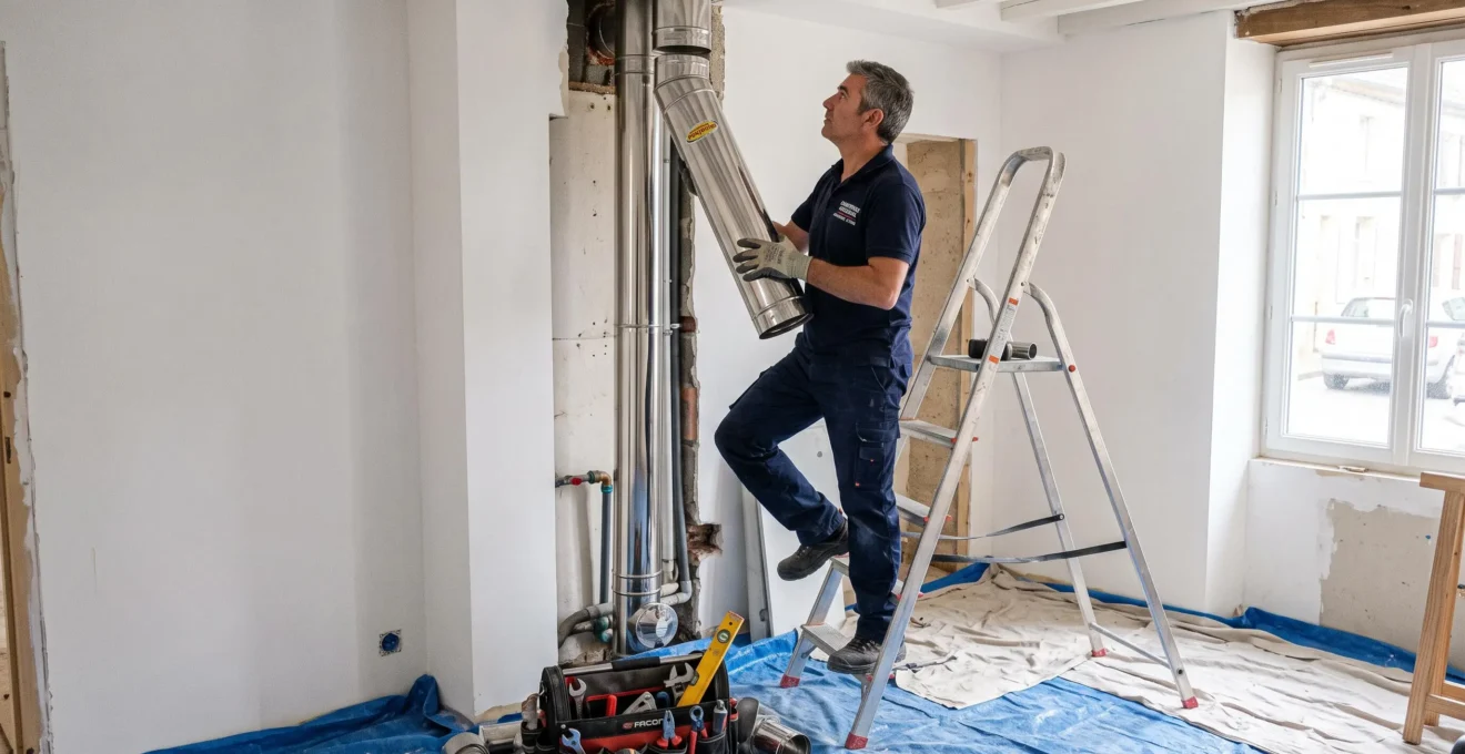Installateur professionnel en tenue de travail debout sur échelle, vérifiant l'ajustement d'un conduit de fumée en inox dans une maison en rénovation avec outils au sol
