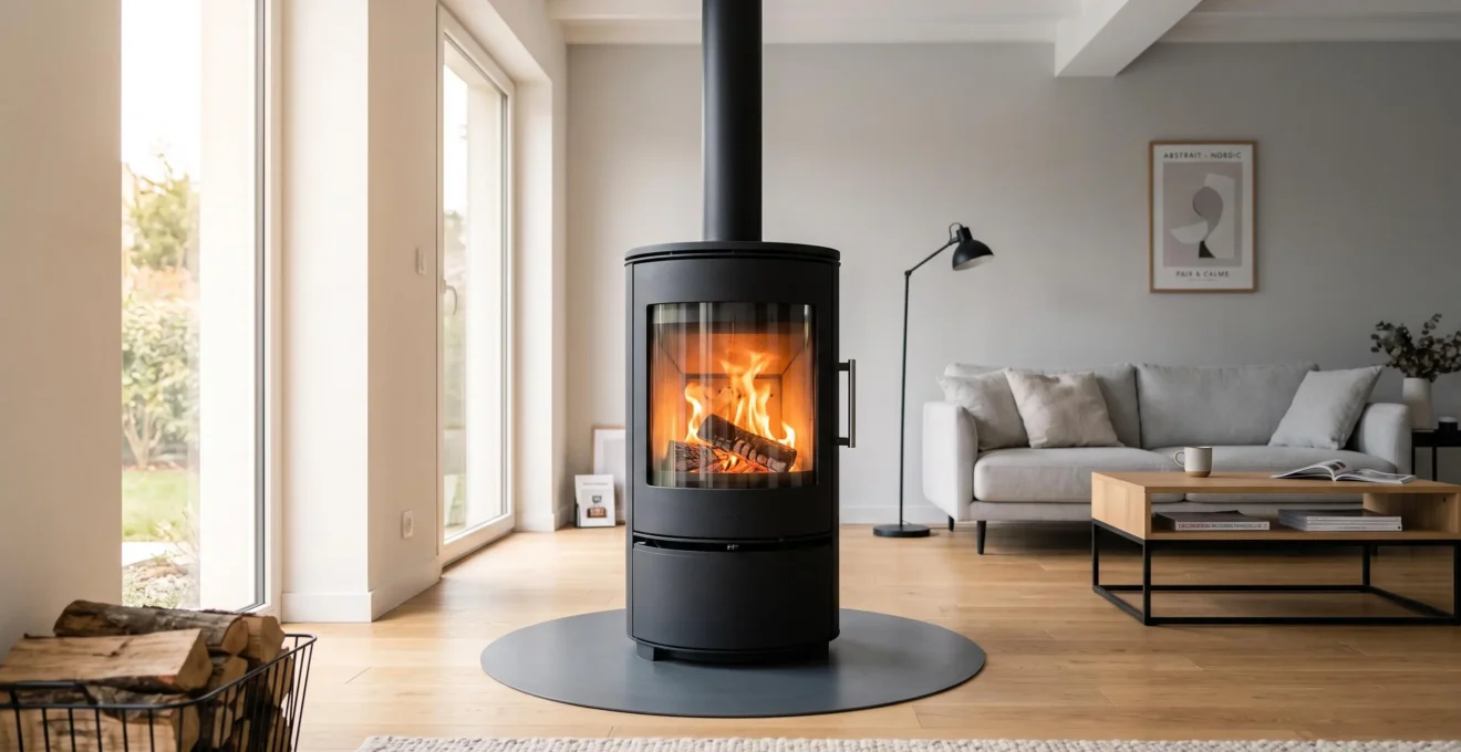 Poêle à bois cylindrique noir en fonctionnement avec feu visible, installé en position semi-centrale dans un salon contemporain français avec mobilier moderne, lumière naturelle et parquet chêne clair