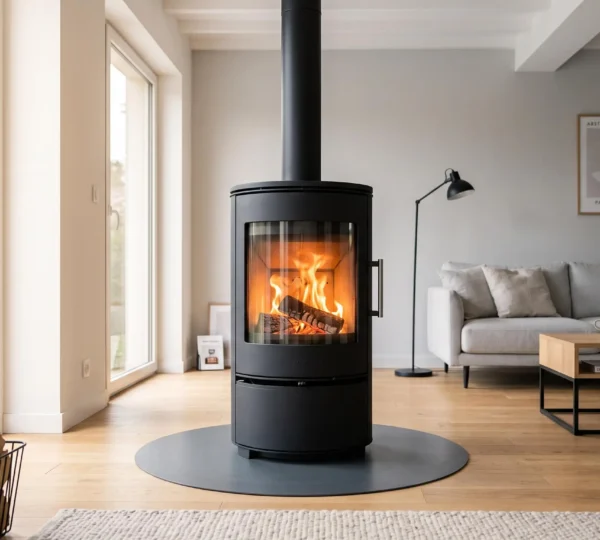 Poêle à bois cylindrique noir en fonctionnement avec feu visible, installé en position semi-centrale dans un salon contemporain français avec mobilier moderne, lumière naturelle et parquet chêne clair
