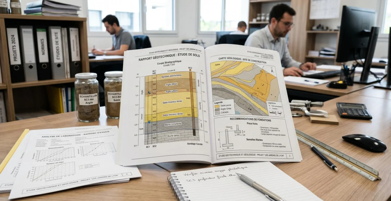 Rapport géotechnique ouvert montrant coupes de sol détaillées et recommandations de fondations sur bureau d'ingénieur