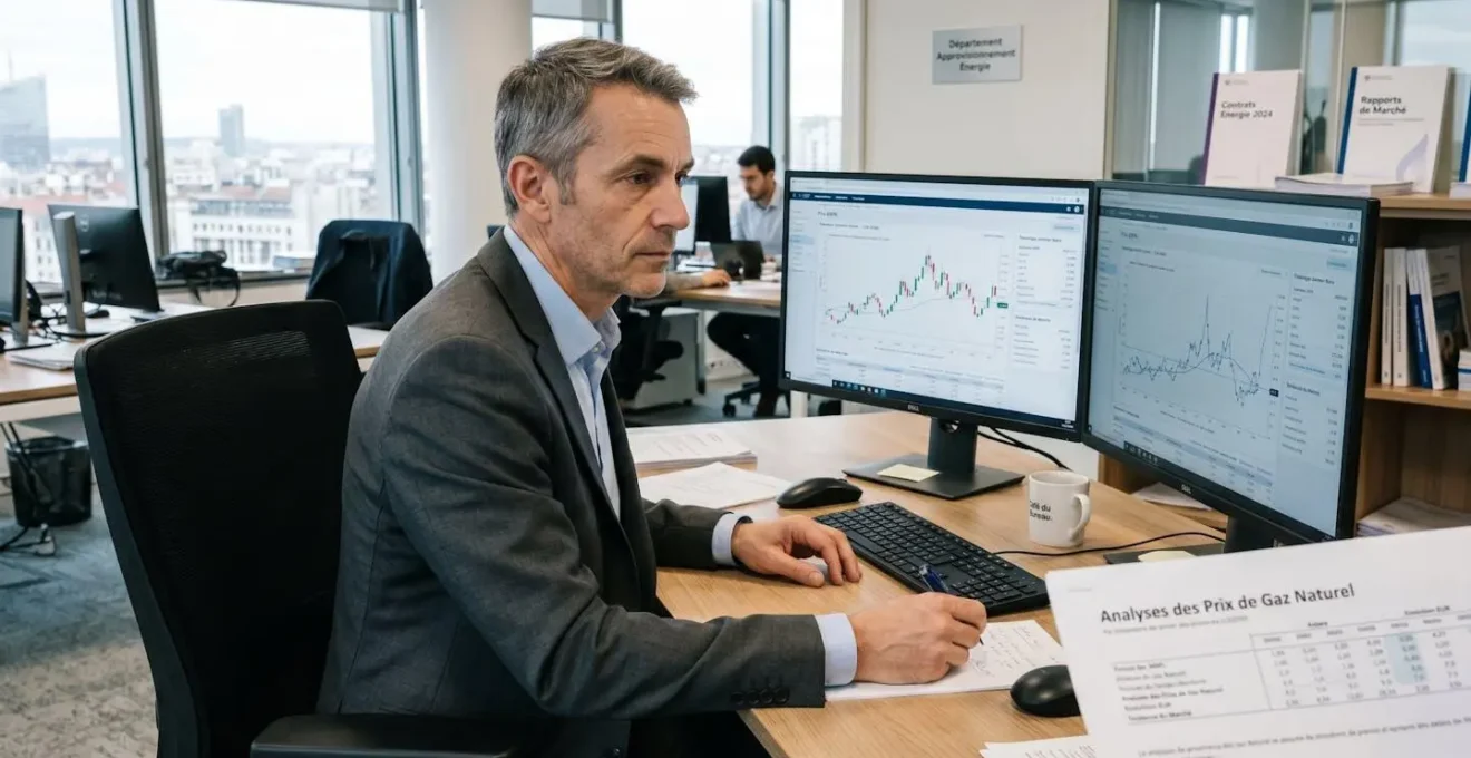 Responsable achats énergie analysant des graphiques de prix du gaz sur deux écrans d'ordinateur dans un bureau contemporain français