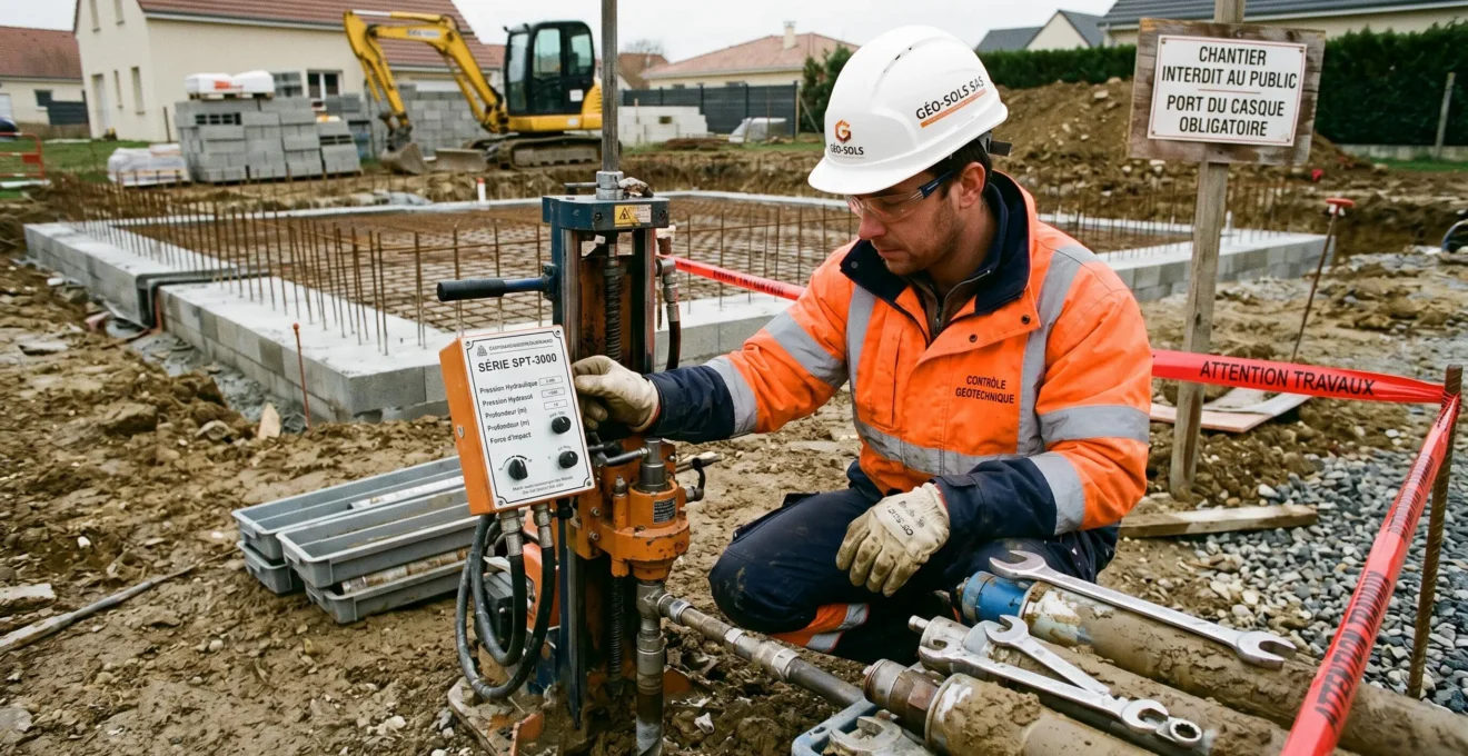 Technicien en sécurité réalisant un sondage géotechnique sur chantier de construction avec équipement de forage spécialisé