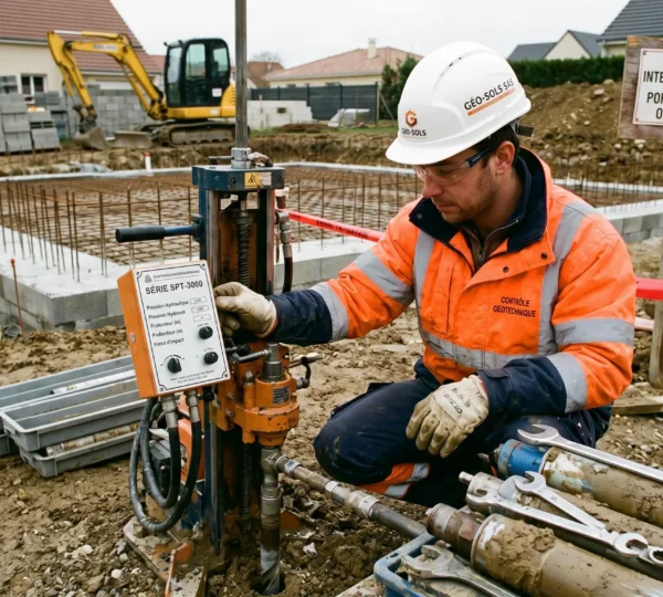 Technicien en sécurité réalisant un sondage géotechnique sur chantier de construction avec équipement de forage spécialisé
