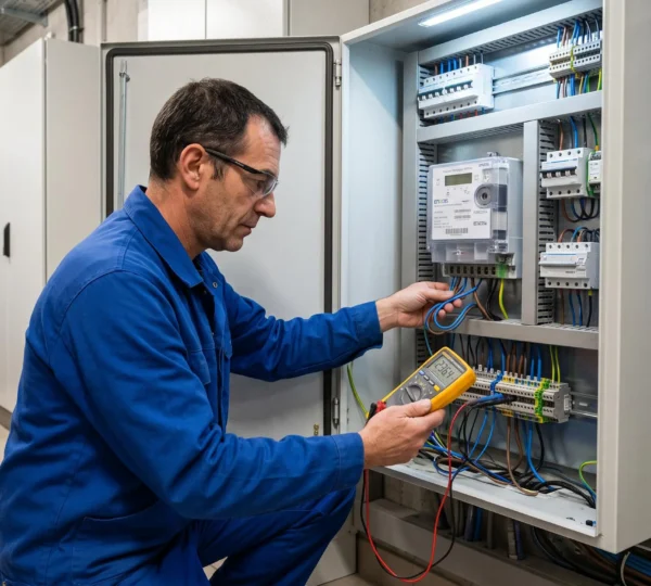 Électricien professionnel inspectant un compteur PME-PMI et un tableau électrique dans un local technique d'entreprise