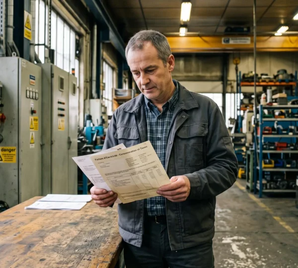 Responsable d'installation analysant une facture d'électricité dans un atelier industriel français avec équipements électriques visibles en arrière-plan.