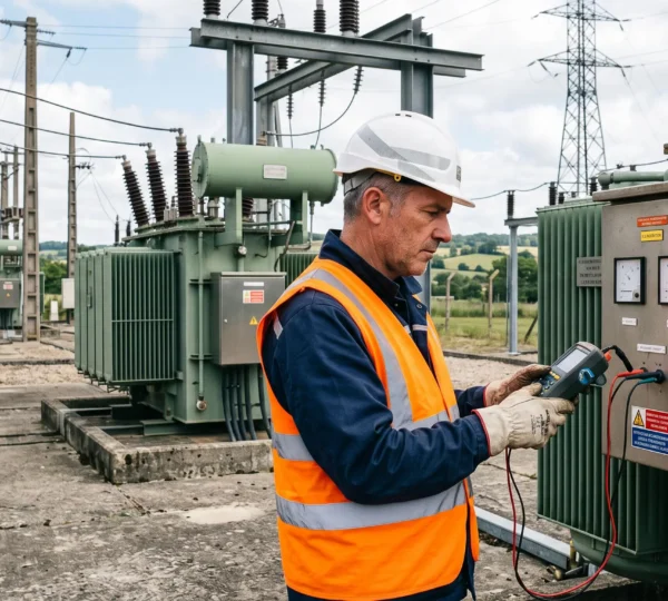 Technicien réseau inspectant un poste de transformation électrique moyenne tension en France
