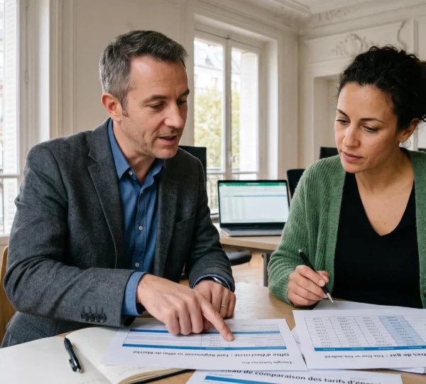 Un courtier en énergie explique à la dirigeante d'une PME parisienne la comparaison de contrats d'électricité et de gaz imprimés sur une table.